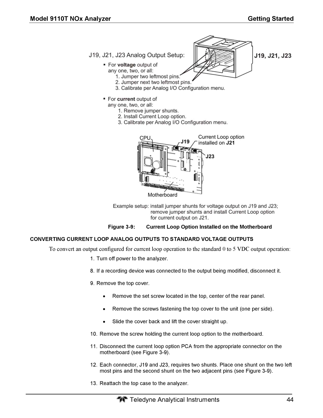 Teledyne 9110T instruction manual Current Loop Option Installed on the Motherboard 