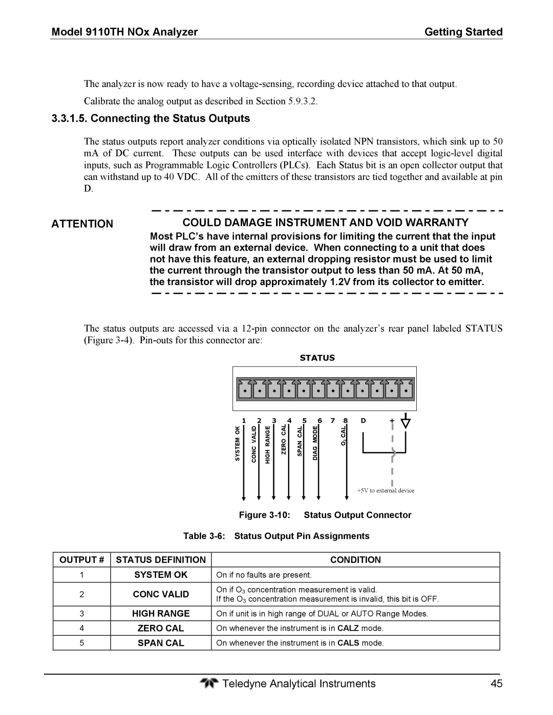 Teledyne 9110T instruction manual Connecting the Status Outputs, Status Output Connector Status Output Pin Assignments 