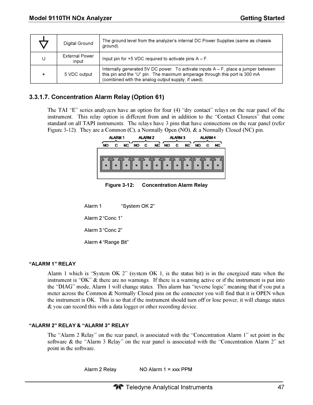 Teledyne 9110T instruction manual Concentration Alarm Relay Option, Alarm 1 Relay, Alarm 2 Relay & Alarm 3 Relay 