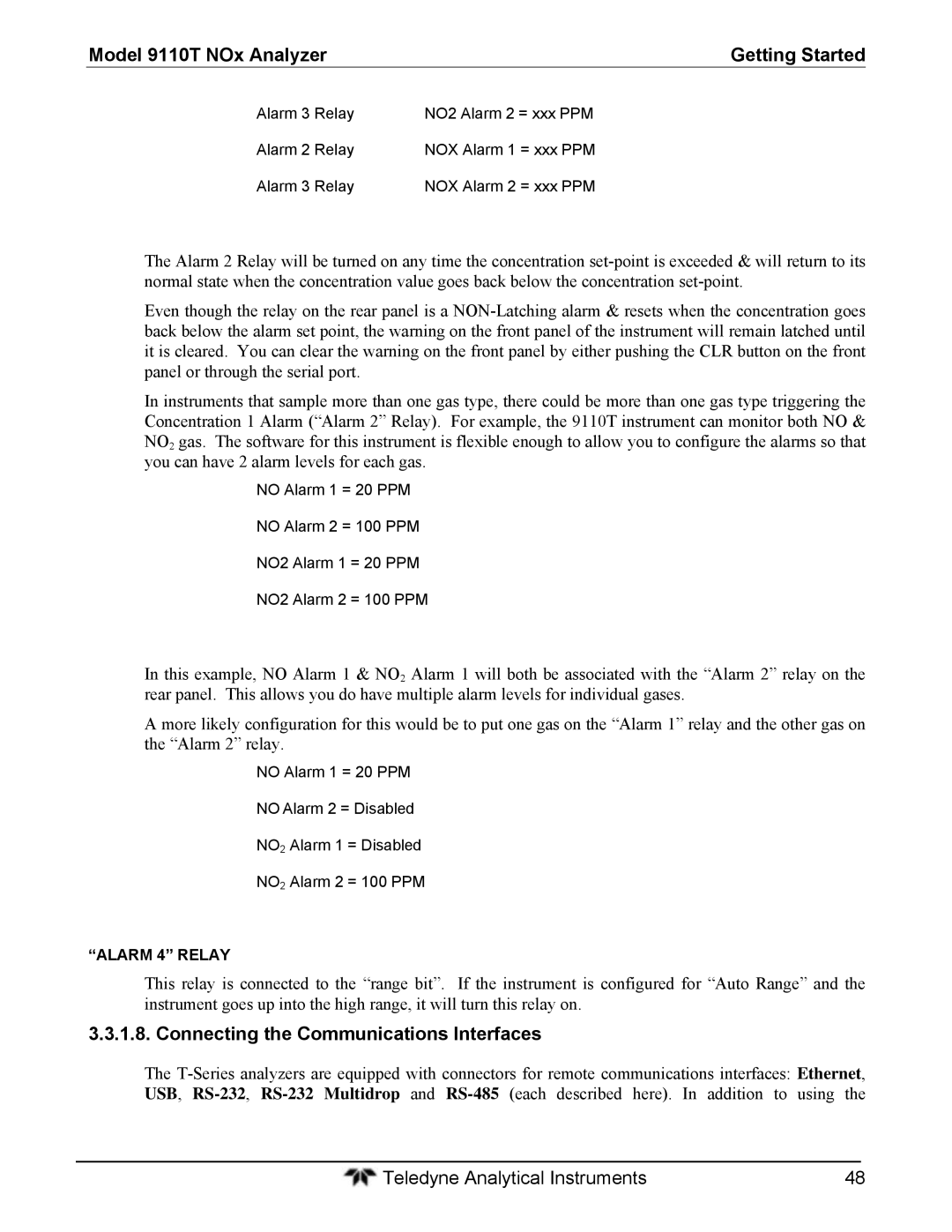 Teledyne 9110T instruction manual Connecting the Communications Interfaces, Alarm 4 Relay 