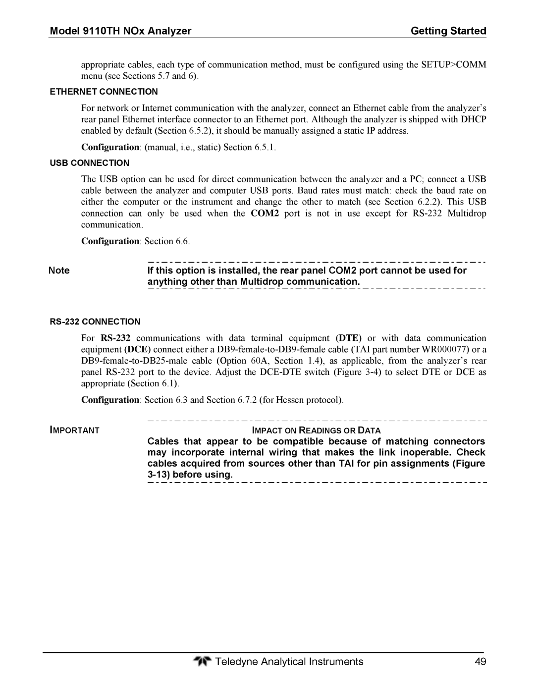 Teledyne 9110T Communication, Configuration Section, Anything other than Multidrop communication, Before using 