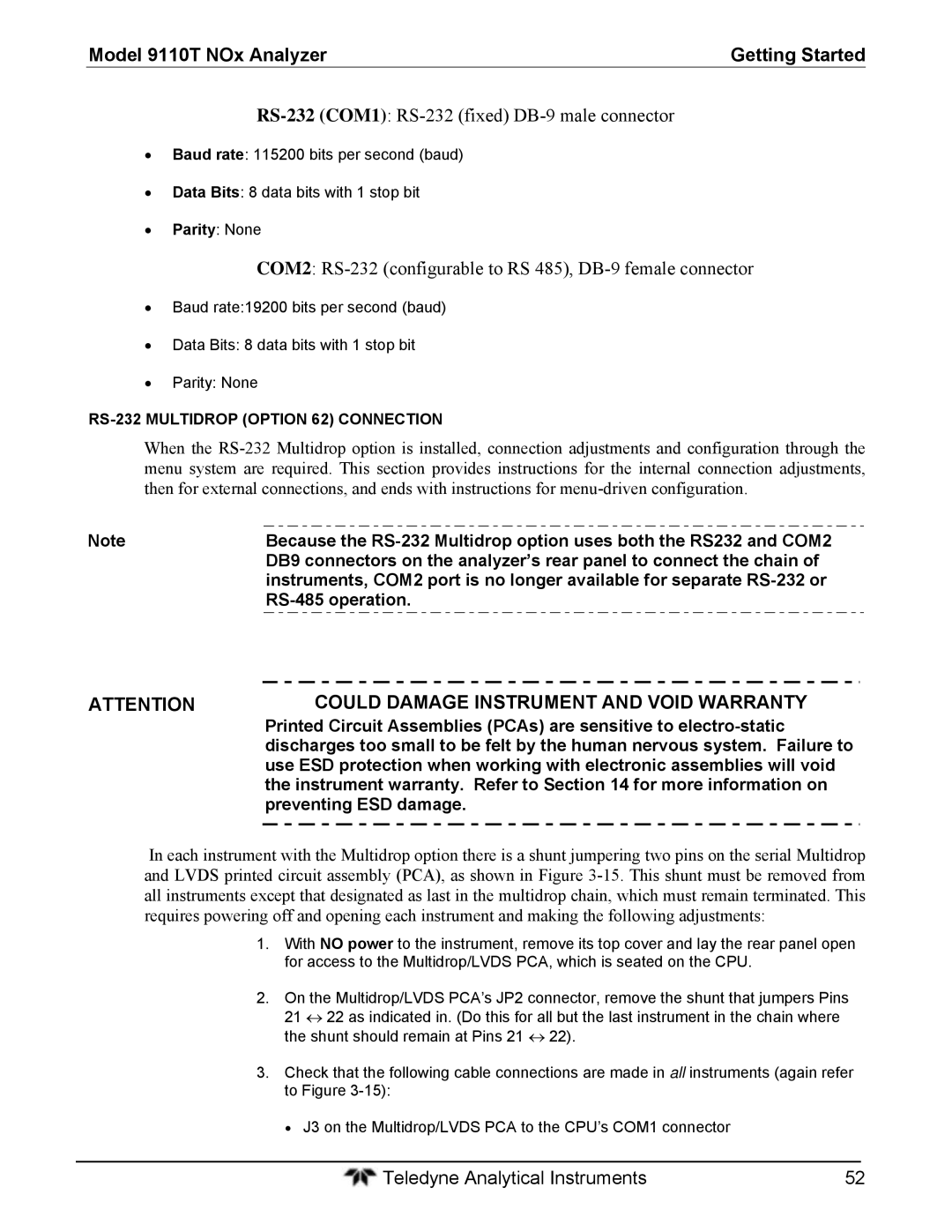 Teledyne 9110T instruction manual RS-485 operation, ∙ Parity None, RS-232 Multidrop Option 62 Connection 