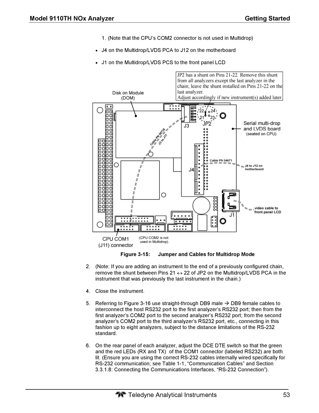 Teledyne 9110T instruction manual Jumper and Cables for Multidrop Mode 