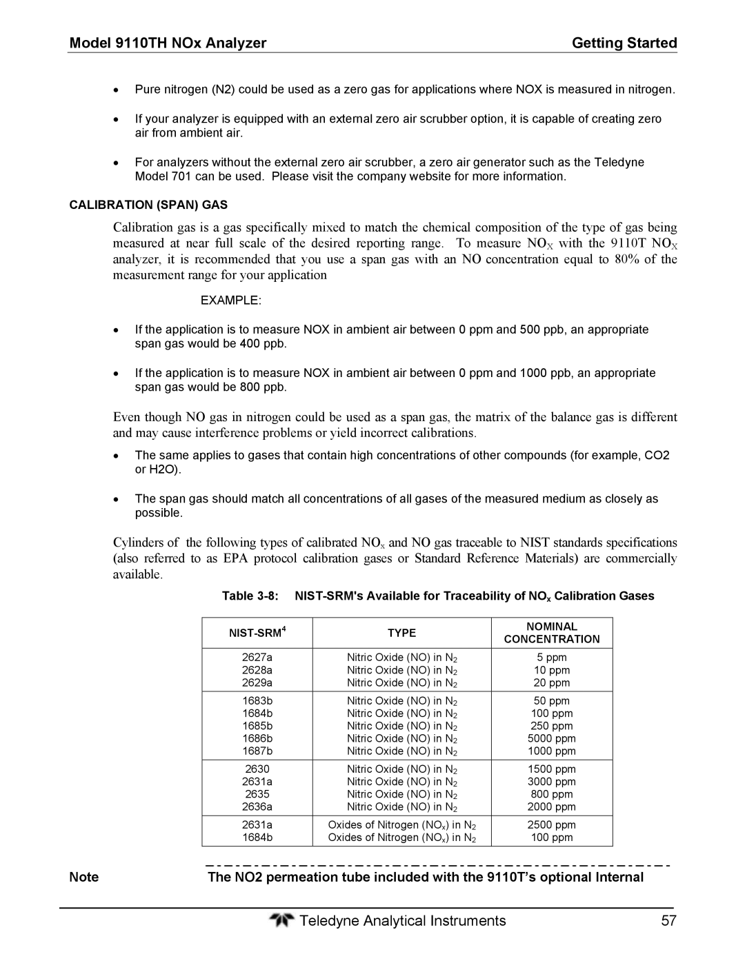 Teledyne 9110T instruction manual Cylinders, Available, Calibration Span GAS, NIST-SRM Type Nominal Concentration 