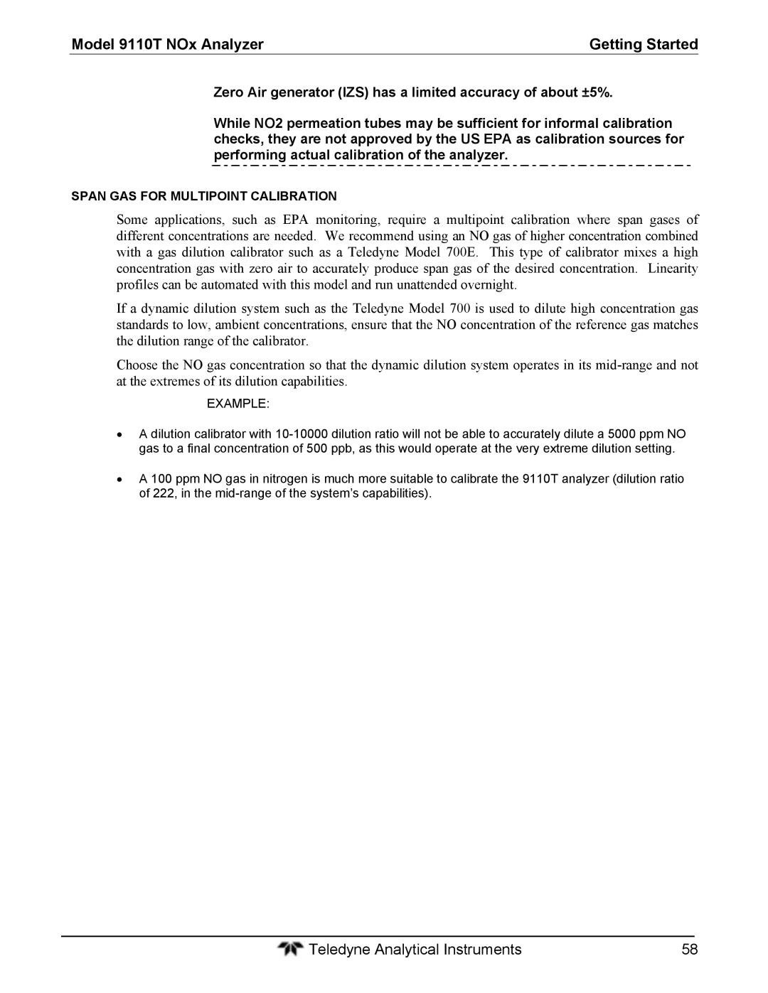 Teledyne 9110T instruction manual Span GAS for Multipoint Calibration 