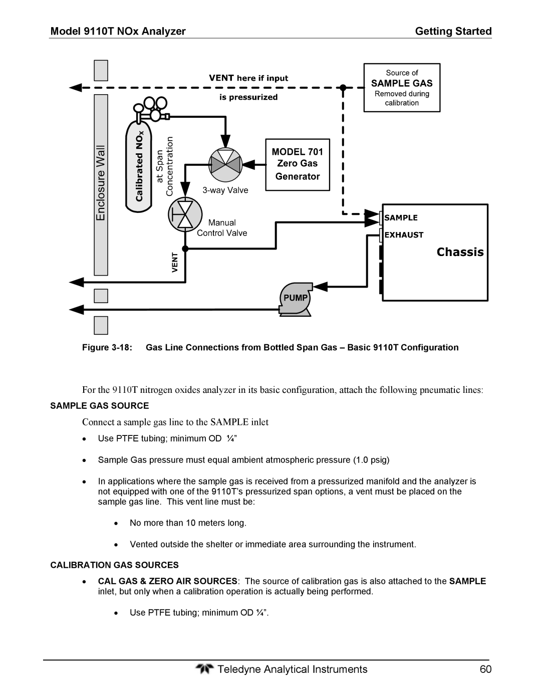 Teledyne 9110T instruction manual Connect a sample gas line to the Sample inlet, Sample GAS Source, Calibration GAS Sources 