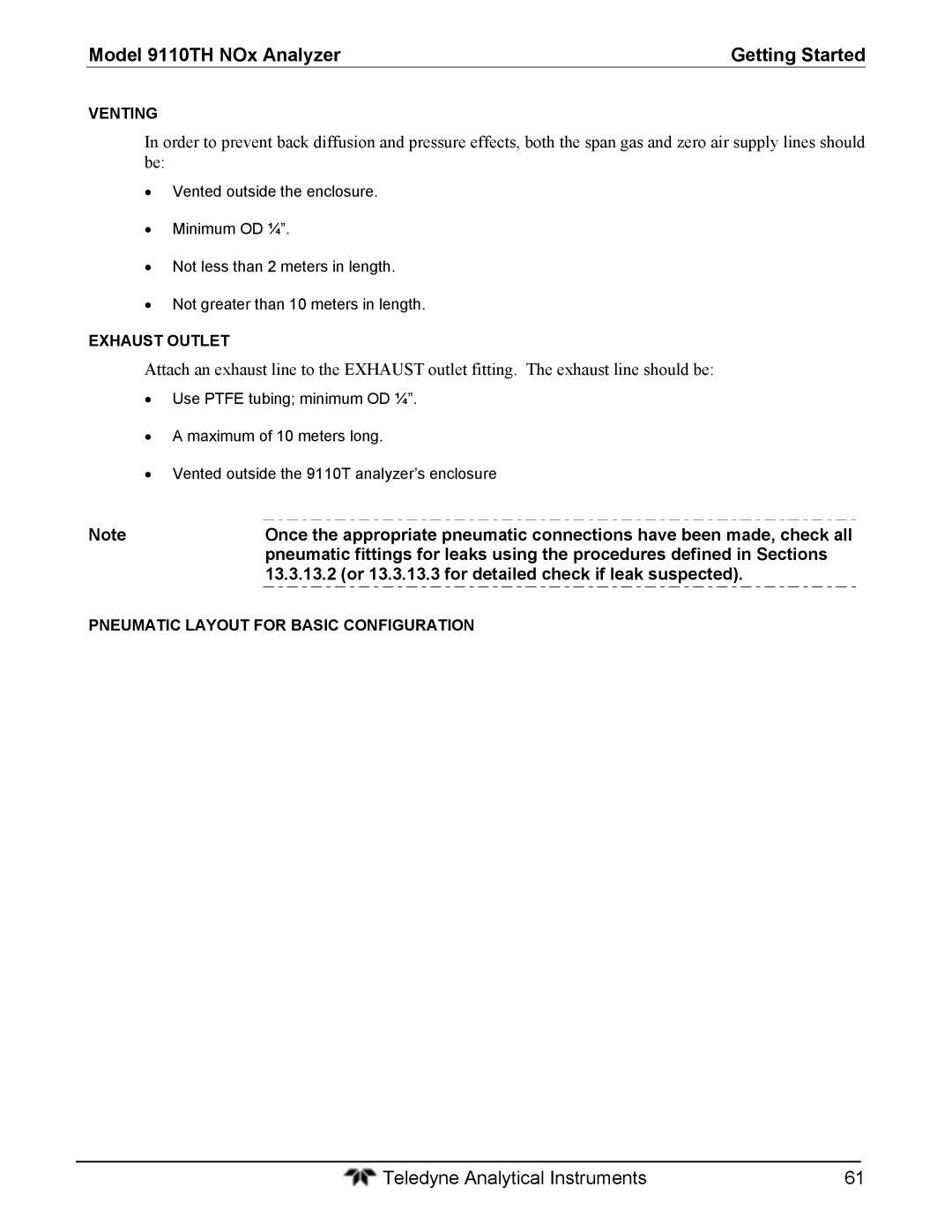 Teledyne 9110T instruction manual 13.3.13.2 or 13.3.13.3 for detailed check if leak suspected, Venting, Exhaust Outlet 