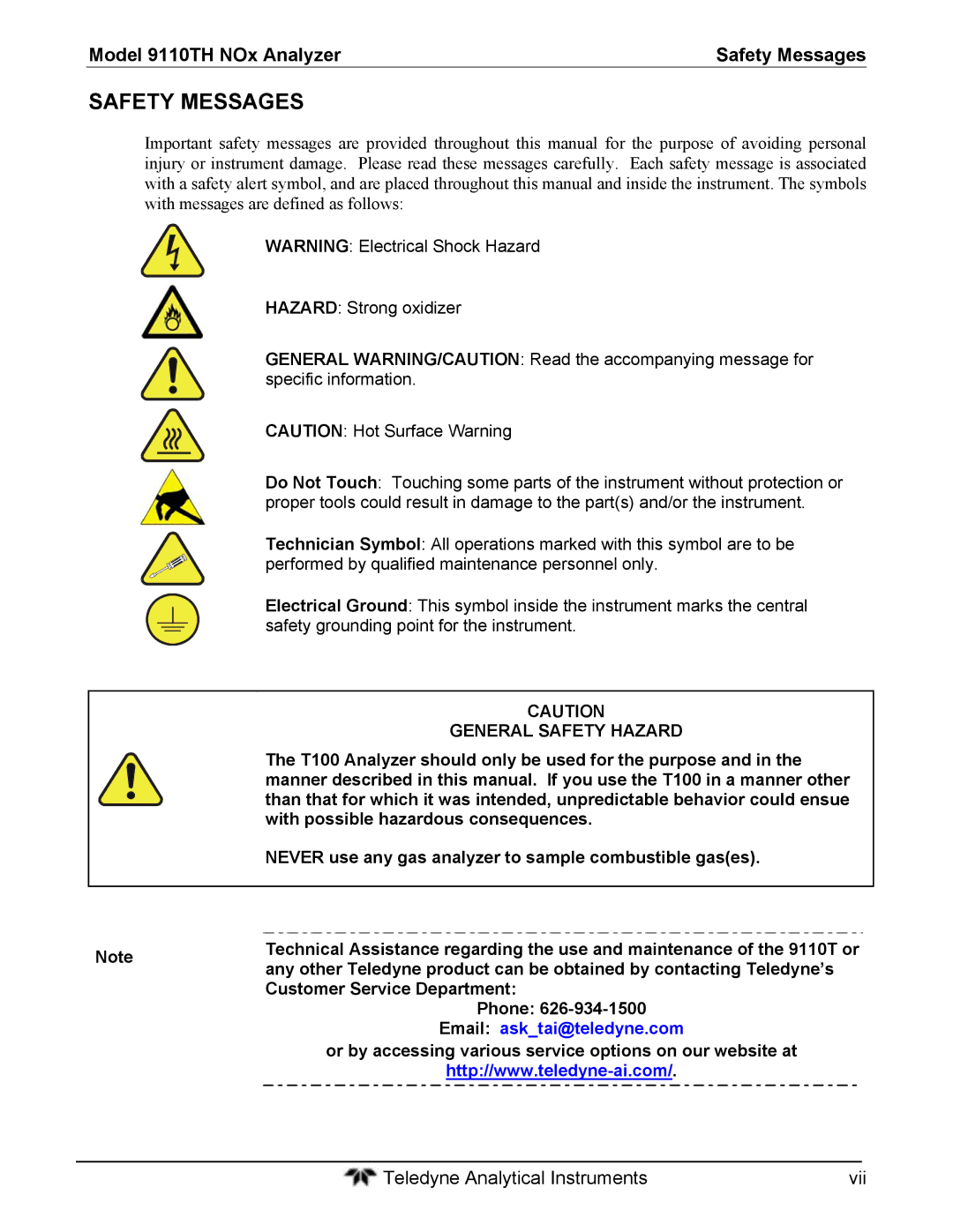 Teledyne instruction manual Model 9110TH NOx Analyzer Safety Messages, Customer Service Department, Phone 