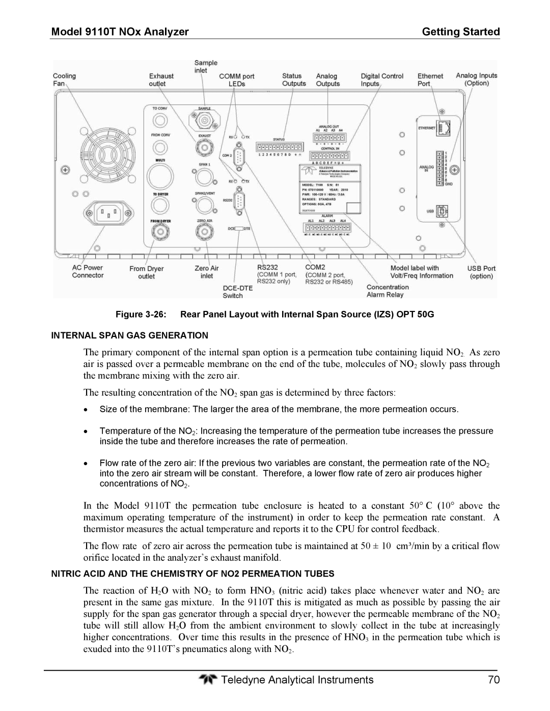 Teledyne 9110T instruction manual Internal Span GAS Generation, Nitric Acid and the Chemistry of NO2 Permeation Tubes 