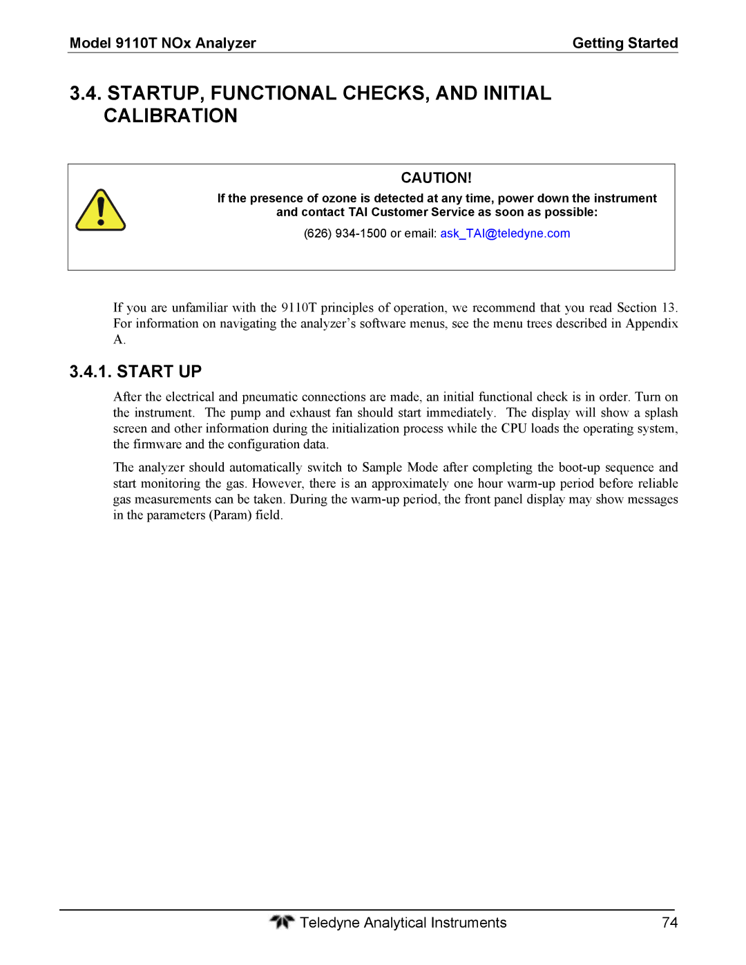 Teledyne 9110T instruction manual STARTUP, Functional CHECKS, and Initial Calibration, Start UP 