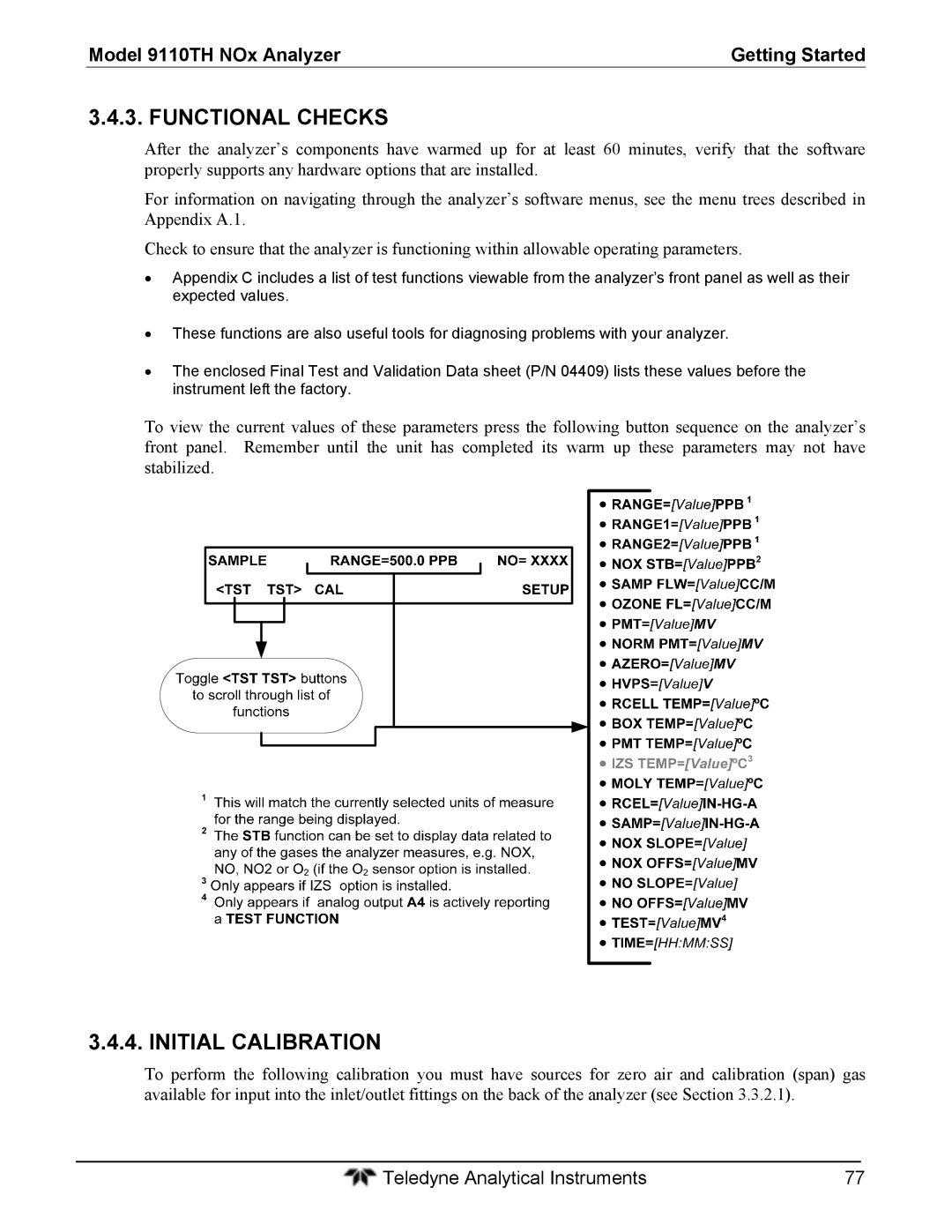 Teledyne 9110T instruction manual Functional Checks, Initial Calibration 