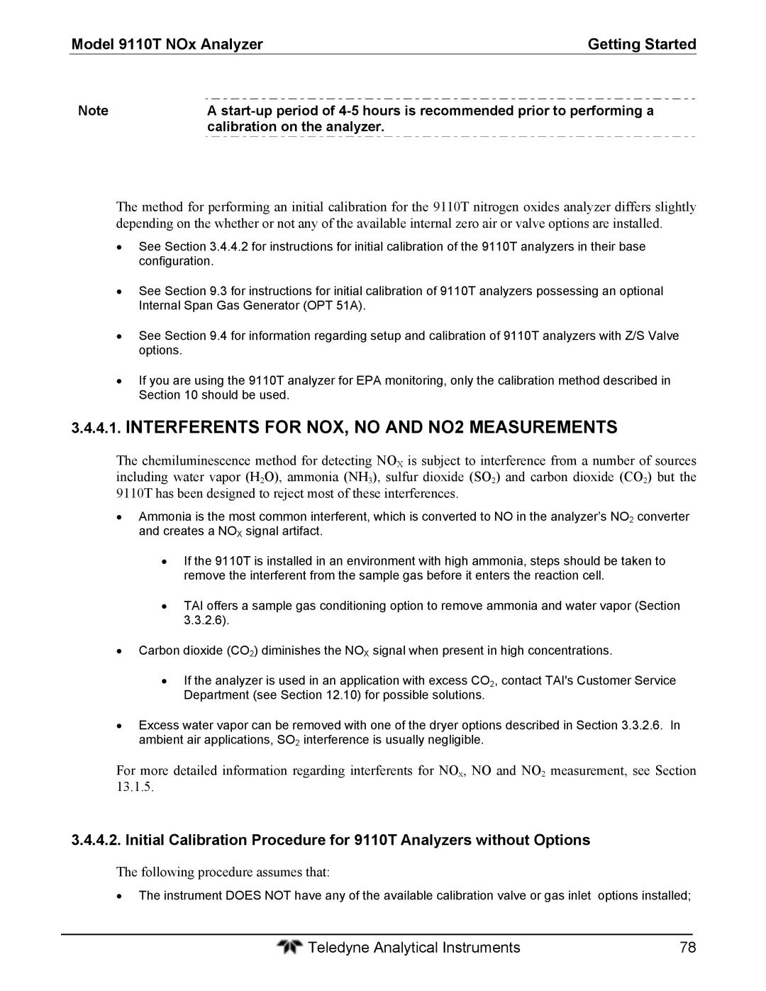 Teledyne 9110T instruction manual Interferents for NOX, no and NO2 Measurements, Calibration on the analyzer 