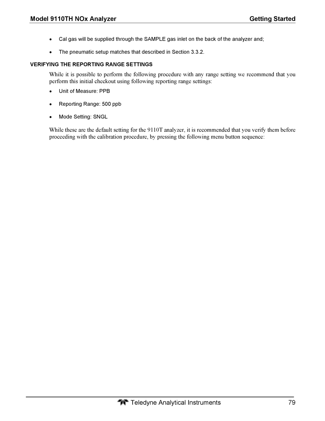 Teledyne 9110T instruction manual Verifying the Reporting Range Settings 