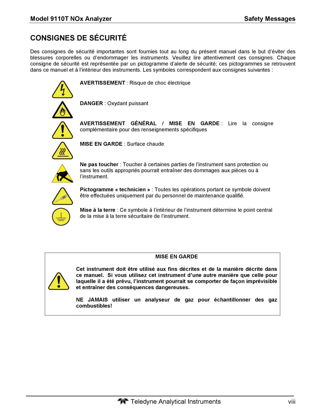 Teledyne instruction manual Consignes DE Sécurité, Model 9110T NOx Analyzer Safety Messages, Mise EN Garde 