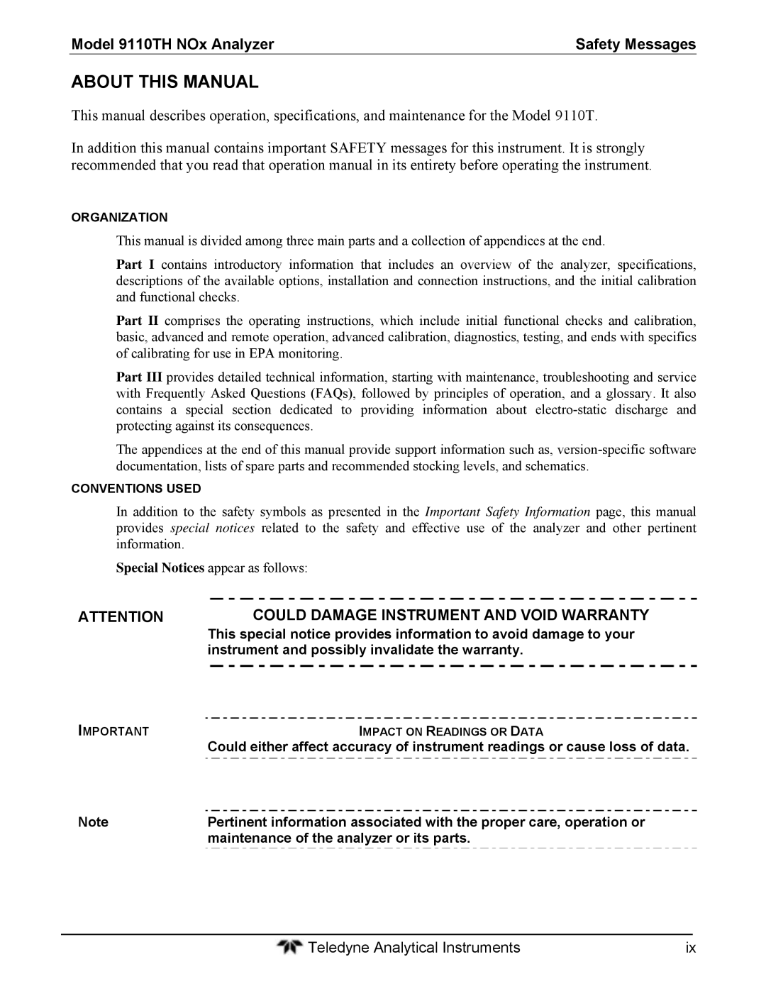 Teledyne 9110T About this Manual, Instrument and possibly invalidate the warranty, Organization, Conventions Used 