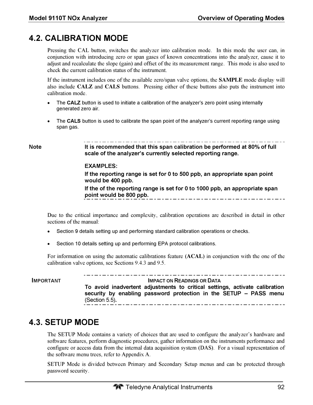 Teledyne 9110T instruction manual Calibration Mode, Setup Mode 