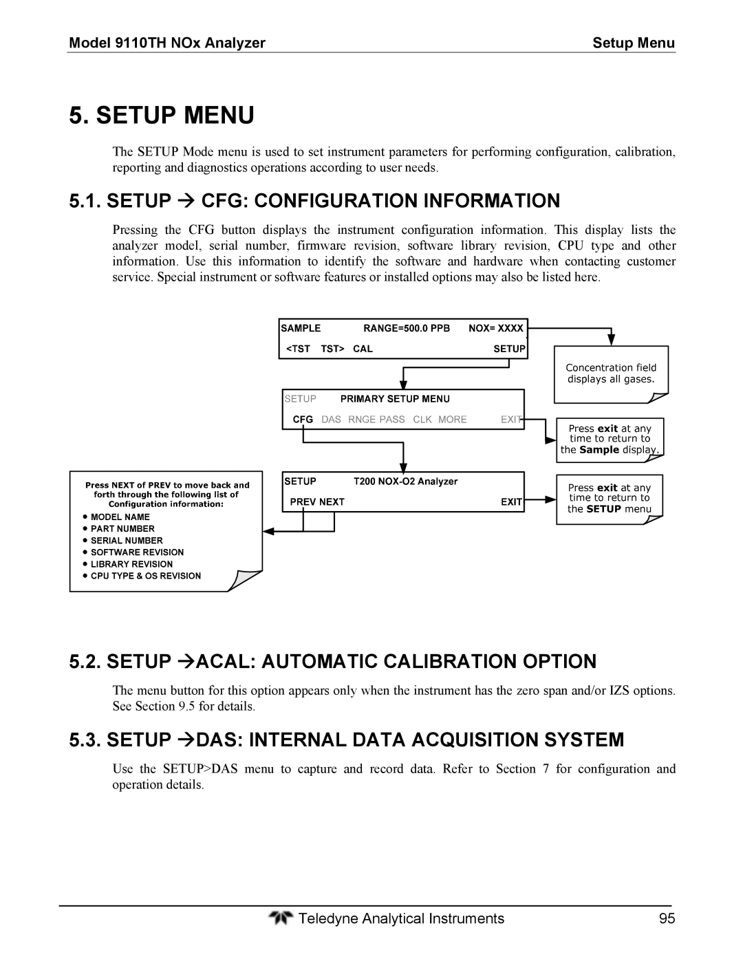 Teledyne 9110T instruction manual Setup  CFG Configuration Information, Setup ACAL Automatic Calibration Option 