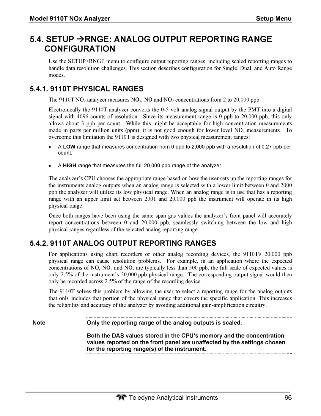 Teledyne 9110T Setup RNGE Analog Output Reporting Range Configuration, Physical Ranges, Analog Output Reporting Ranges 