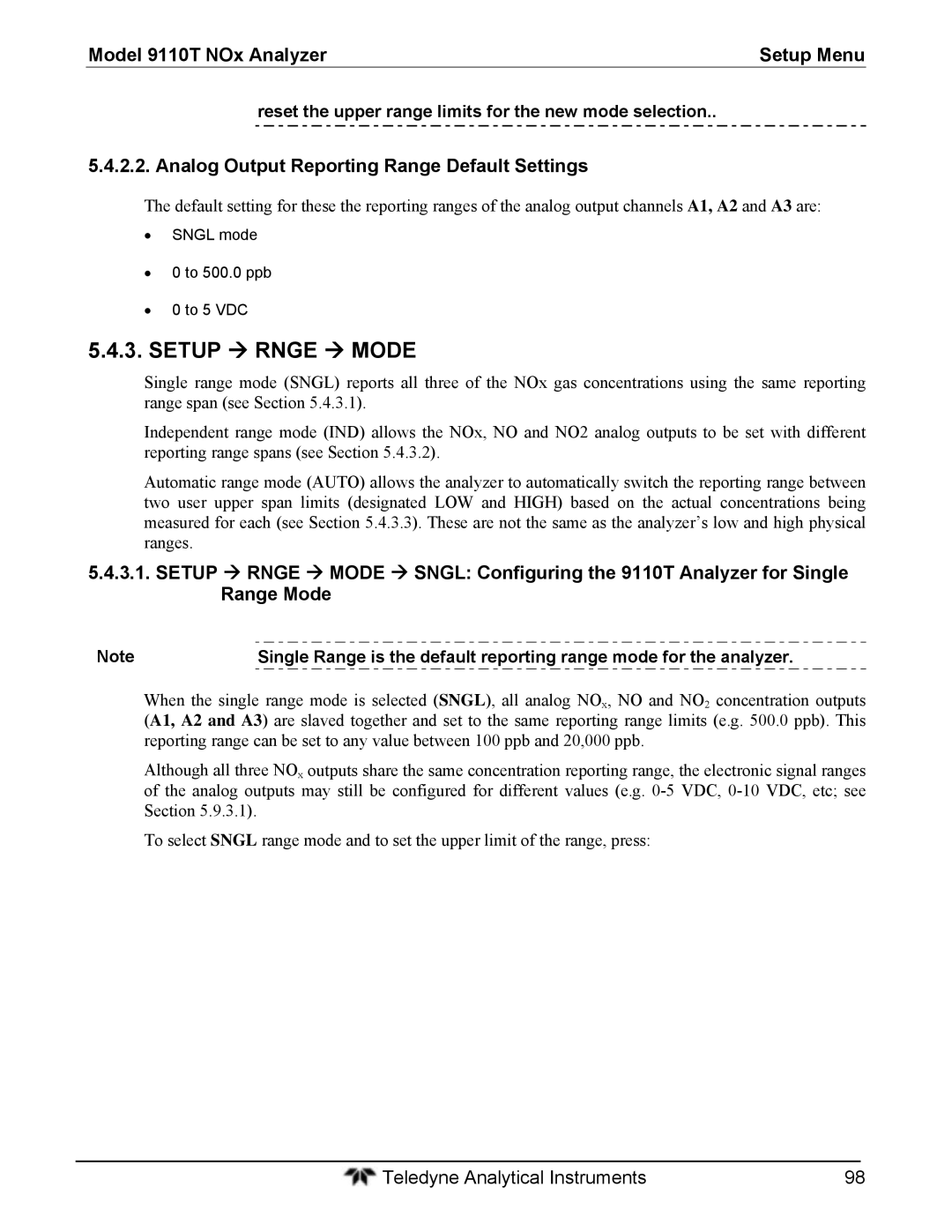 Teledyne 9110T Analog Output Reporting Range Default Settings, Reset the upper range limits for the new mode selection 