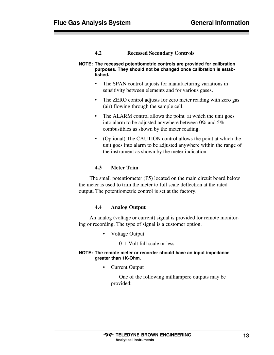 Teledyne 9700 instruction manual Recessed Secondary Controls, Meter Trim, Analog Output 