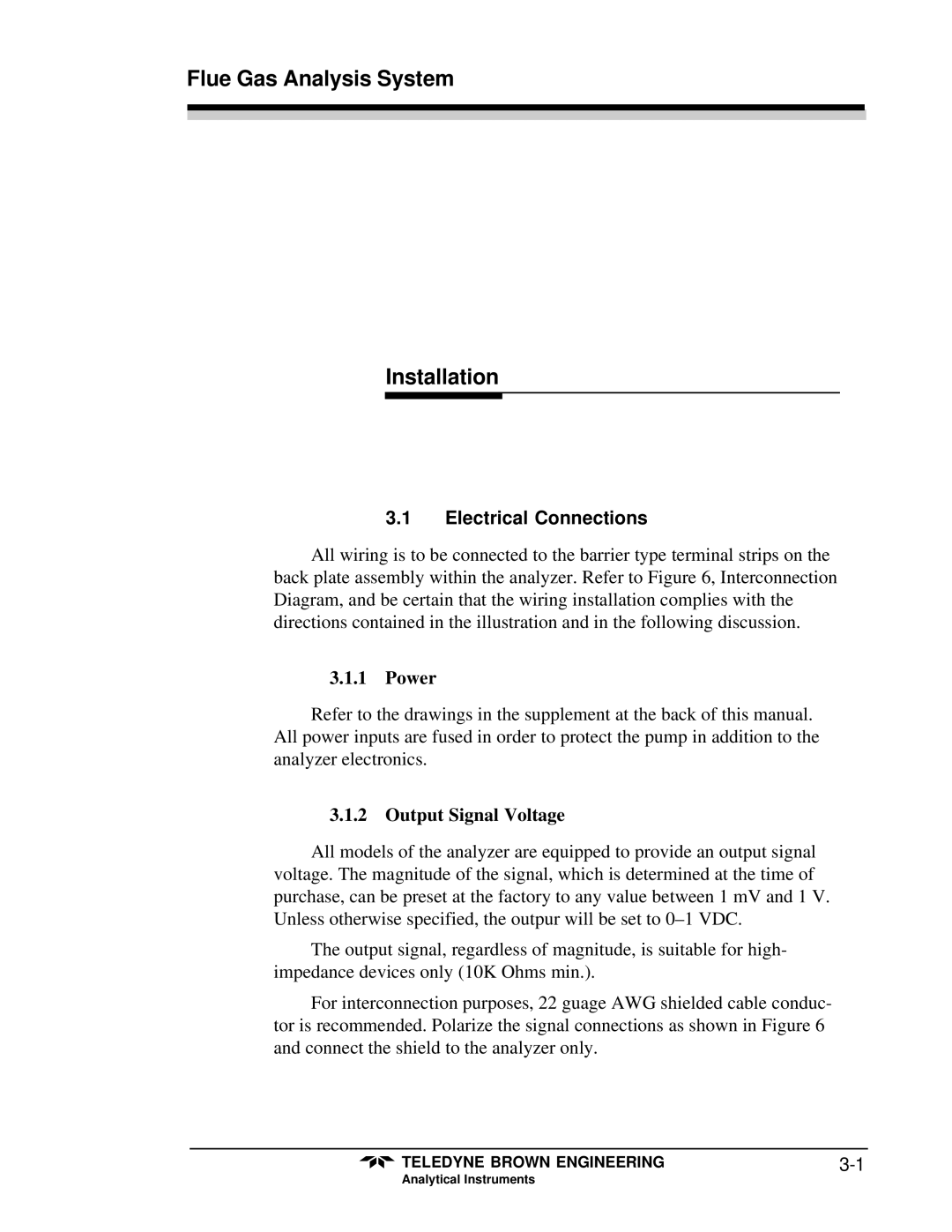 Teledyne 9700 instruction manual Installation, Electrical Connections, Power, Output Signal Voltage 