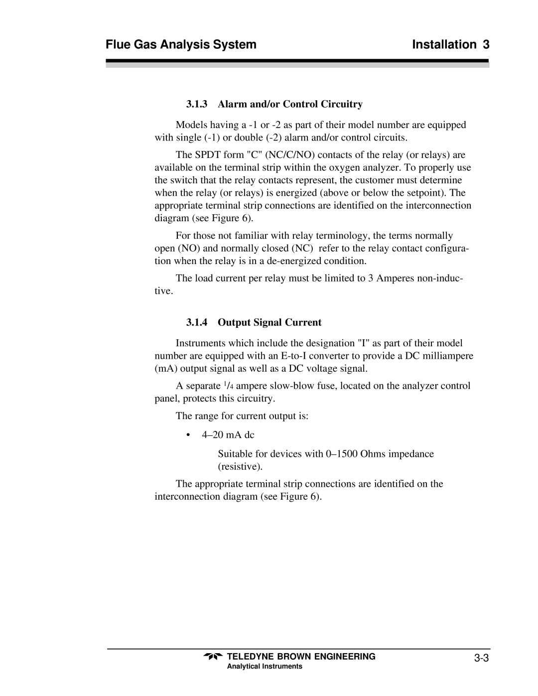 Teledyne 9700 instruction manual Alarm and/or Control Circuitry, Output Signal Current 