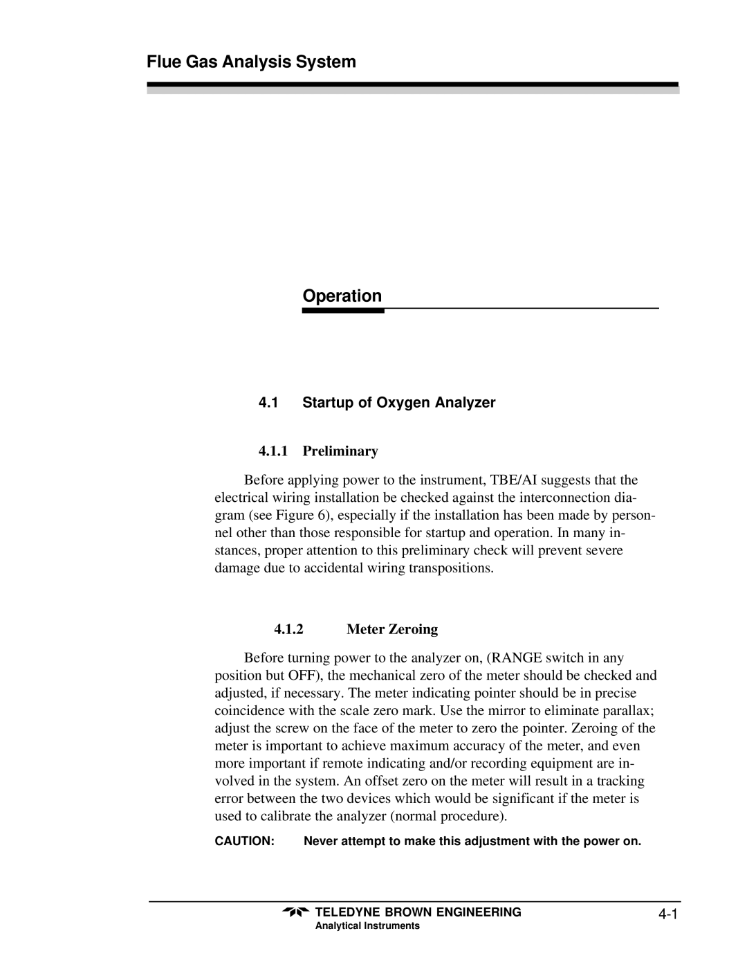 Teledyne 9700 instruction manual Operation, Startup of Oxygen Analyzer, Preliminary, Meter Zeroing 