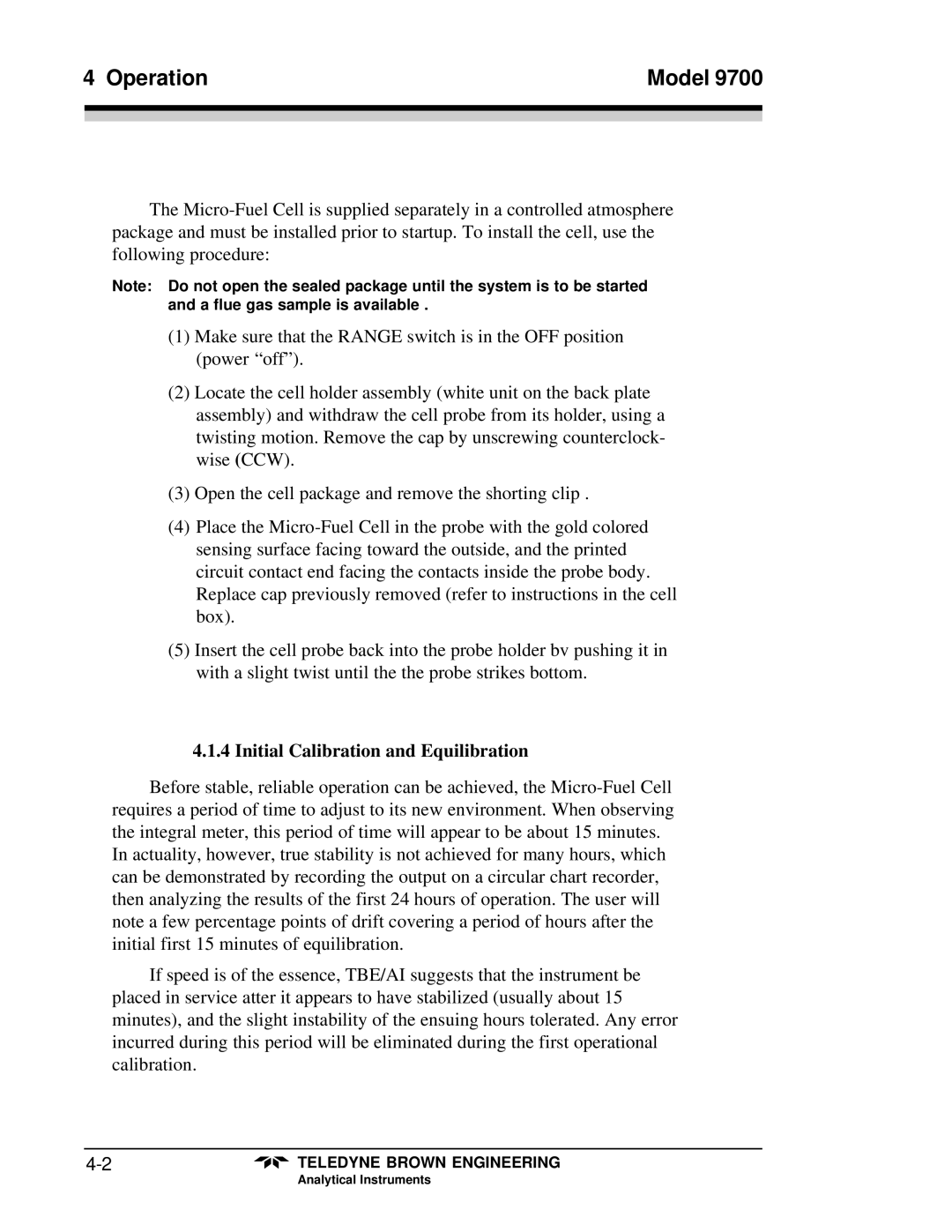 Teledyne 9700 instruction manual Initial Calibration and Equilibration 