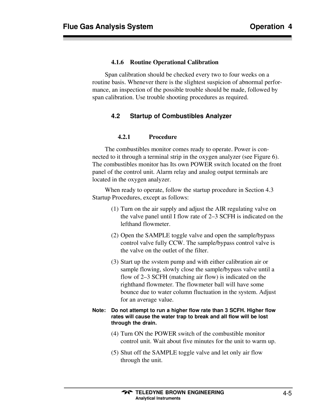 Teledyne 9700 instruction manual Routine Operational Calibration, Startup of Combustibles Analyzer, Procedure 