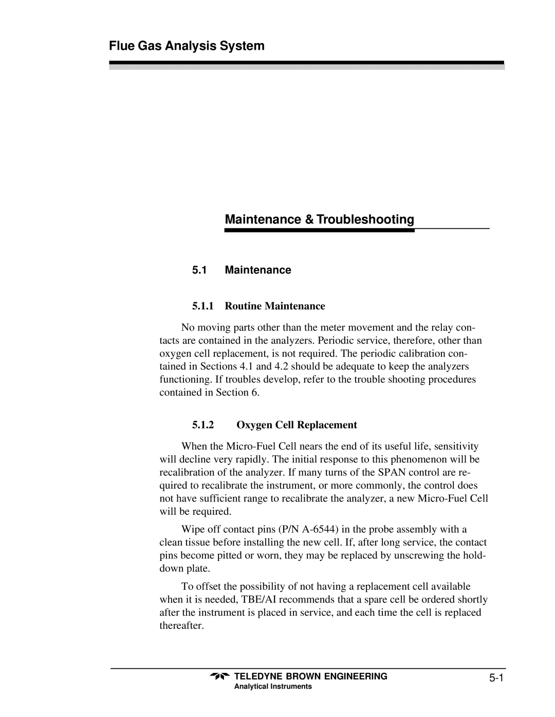 Teledyne 9700 Flue Gas Analysis System Maintenance & Troubleshooting, Routine Maintenance, Oxygen Cell Replacement 