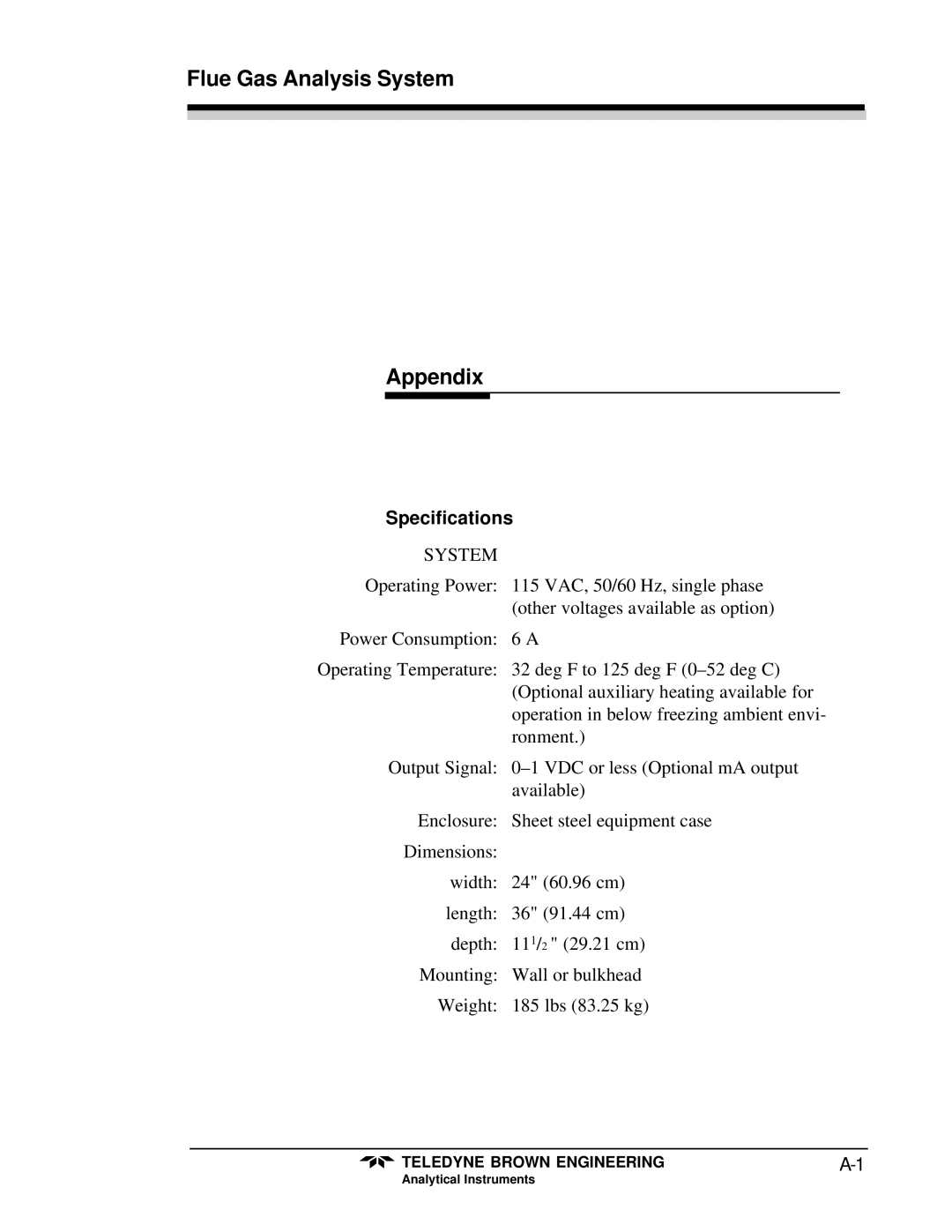 Teledyne 9700 instruction manual Appendix, Specifications 