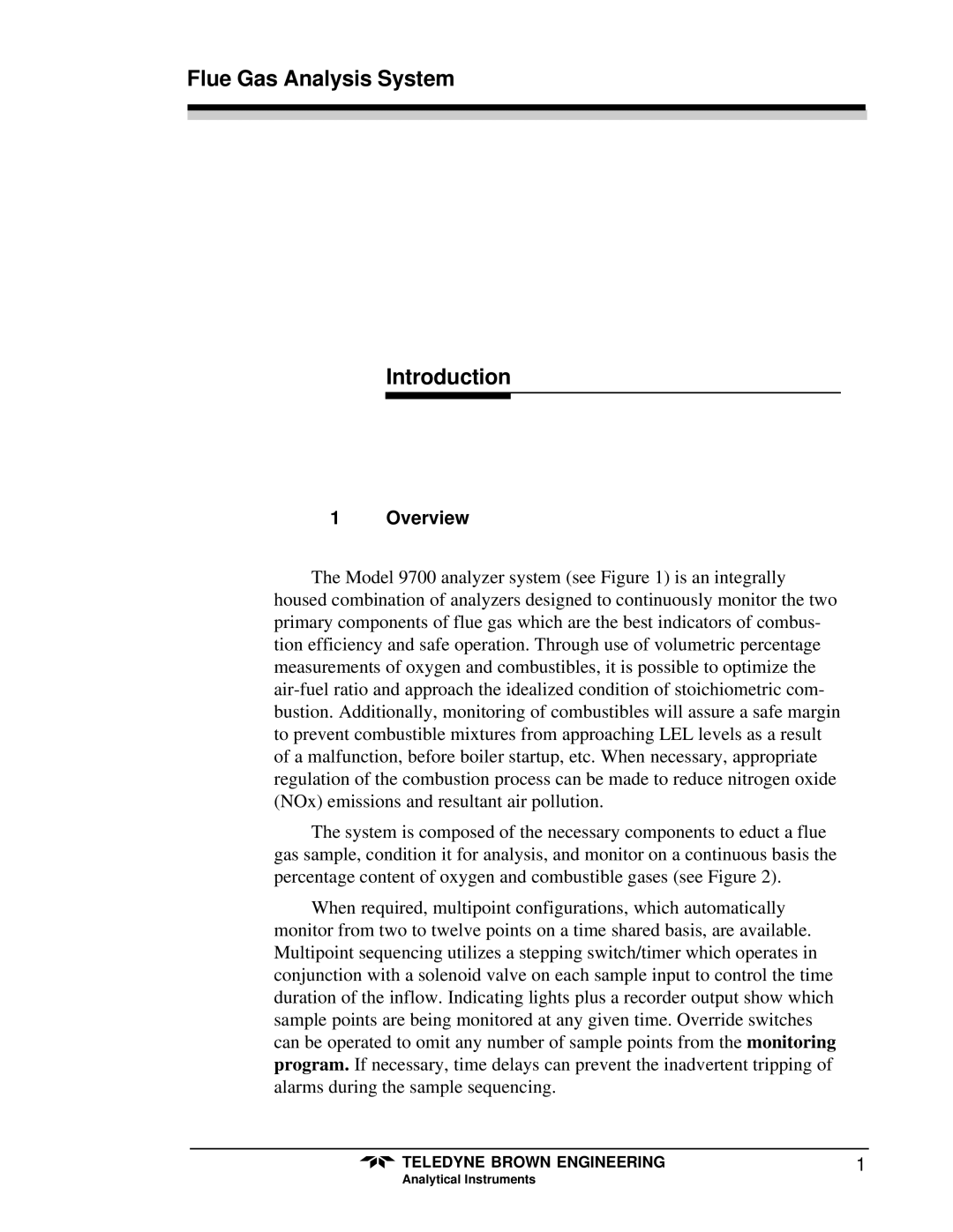 Teledyne 9700 instruction manual Flue Gas Analysis System, Introduction, Overview 