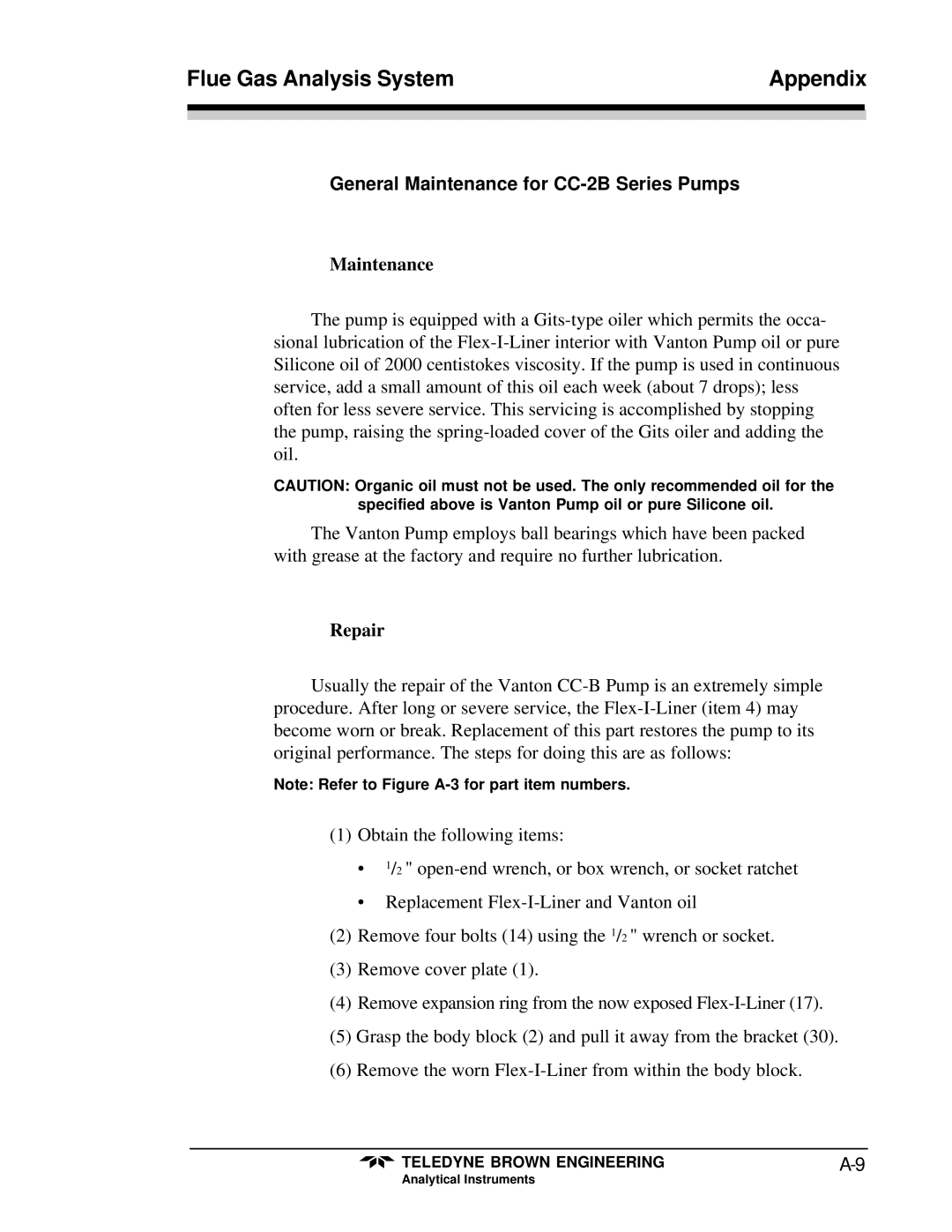 Teledyne 9700 instruction manual General Maintenance for CC-2B Series Pumps, Repair 