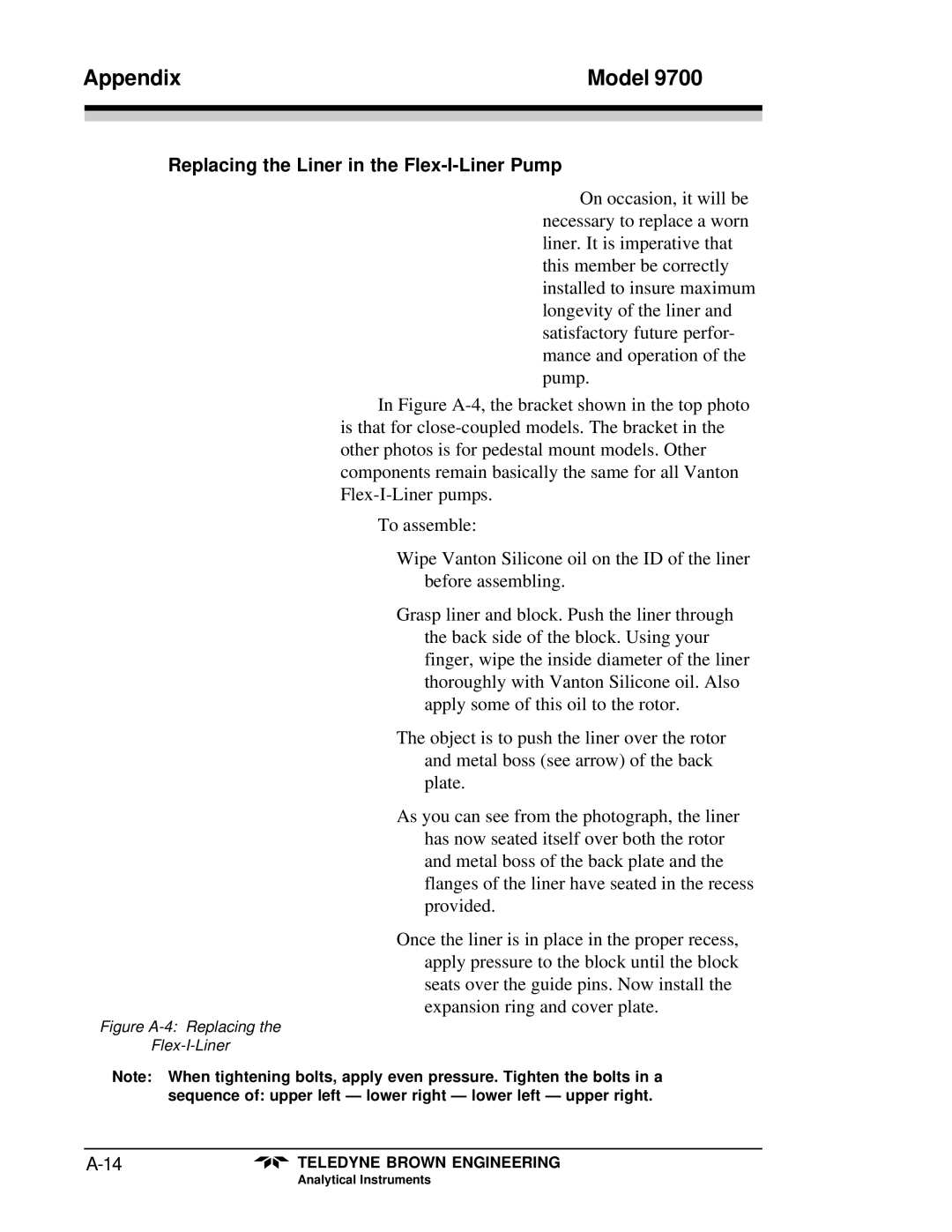 Teledyne 9700 instruction manual Replacing the Liner in the Flex-I-Liner Pump, Figure A-4 Replacing Flex-I-Liner 