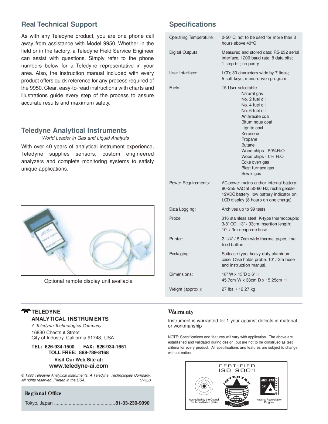 Teledyne 9950 manual Real Technical Support Teledyne Analytical Instruments, Specifications 