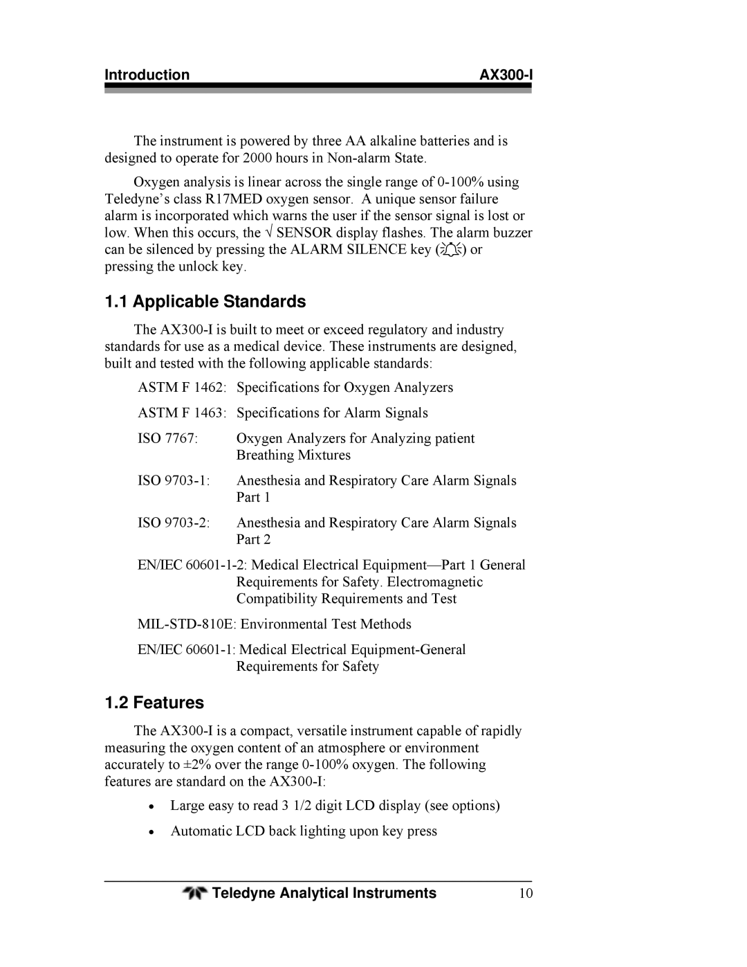 Teledyne AX300-I manual Applicable Standards, Features 