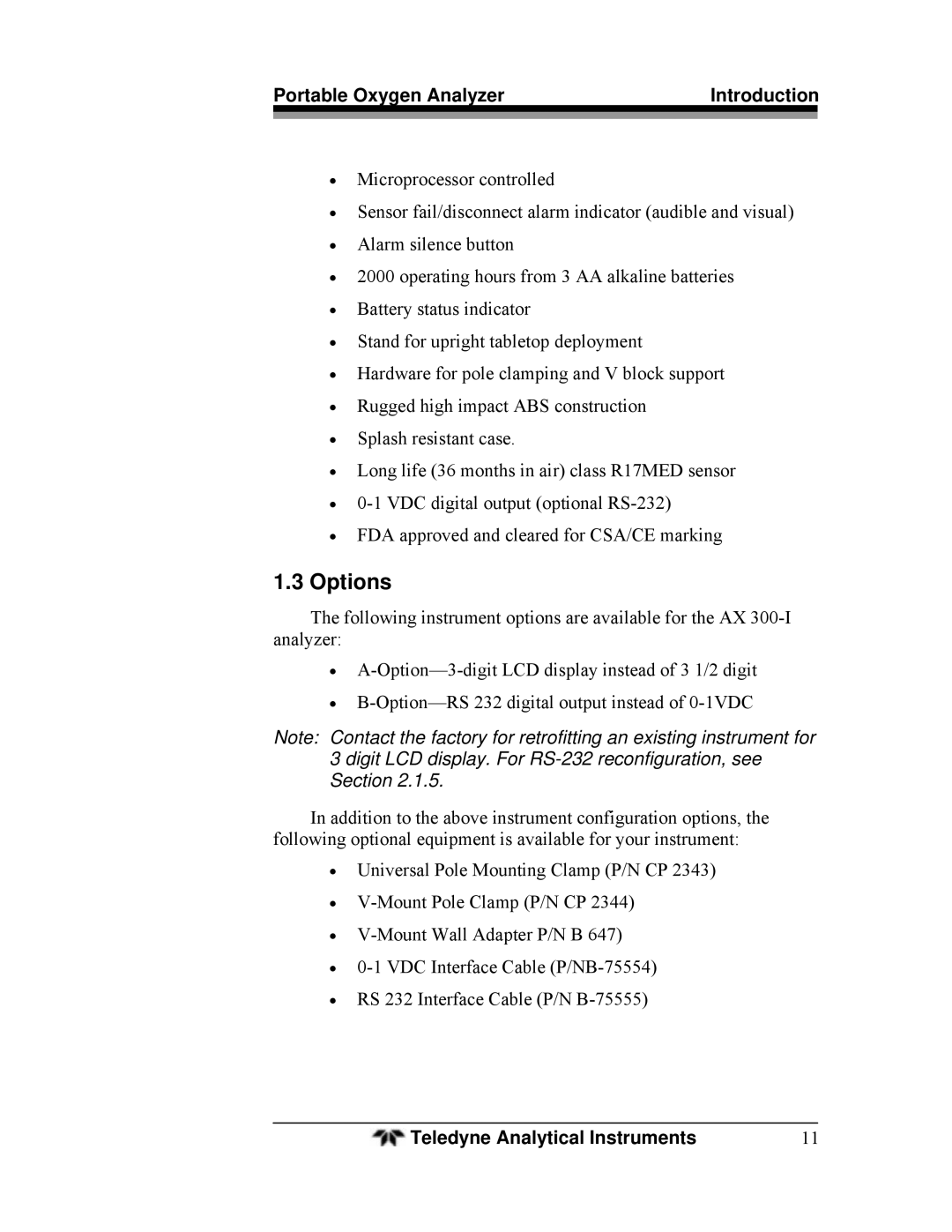 Teledyne AX300-I manual Options, Digit LCD display. For RS-232 reconfiguration, see Section 