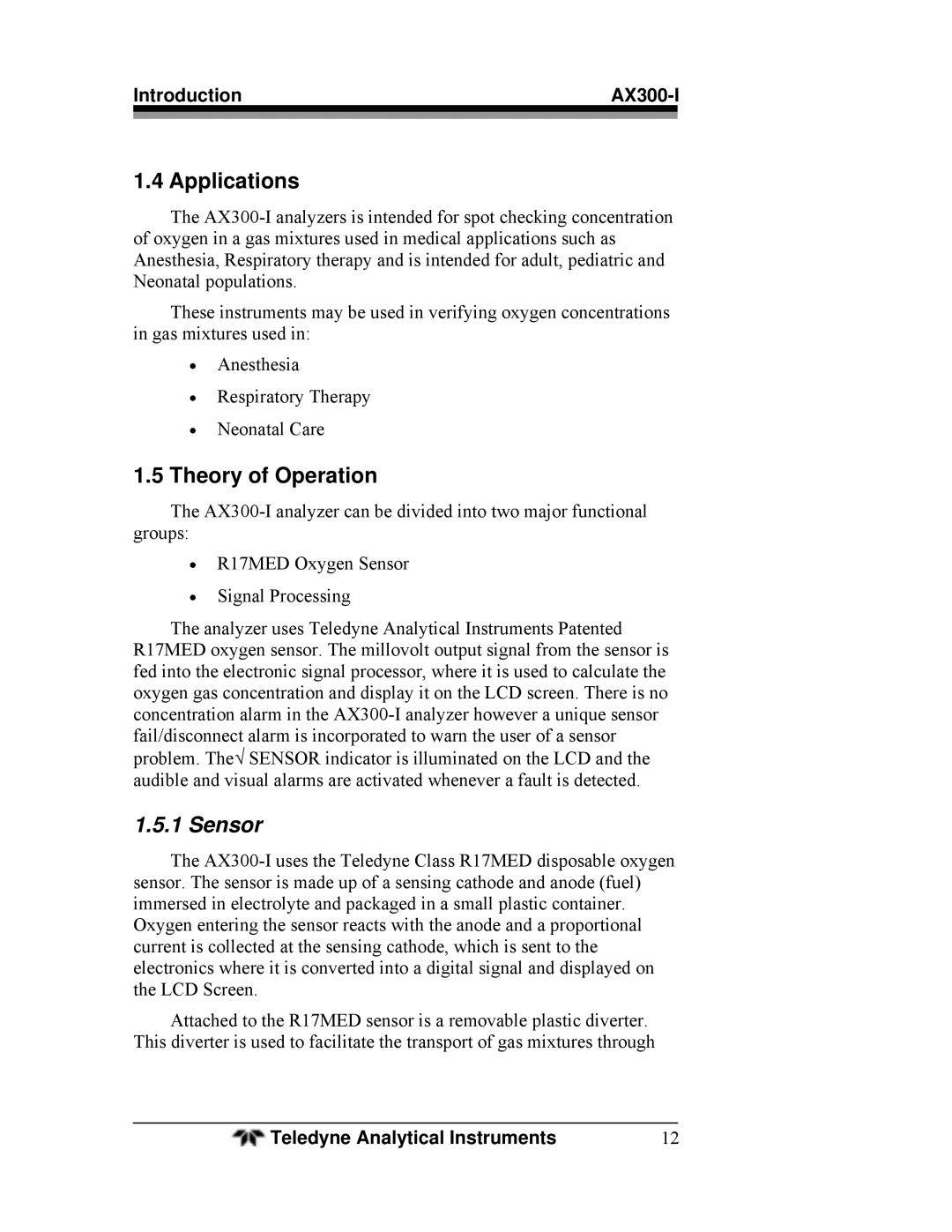 Teledyne AX300-I manual Applications, Theory of Operation, Sensor 