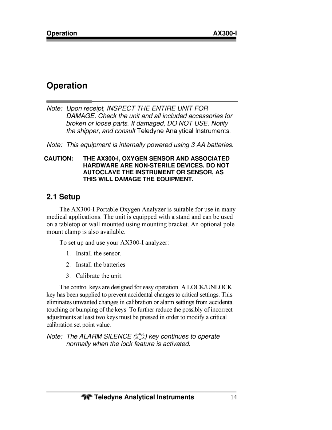 Teledyne AX300-I manual Operation, Setup 