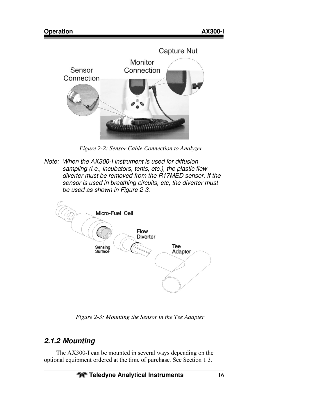 Teledyne AX300-I manual Mounting, Sensor Cable Connection to Analyzer 