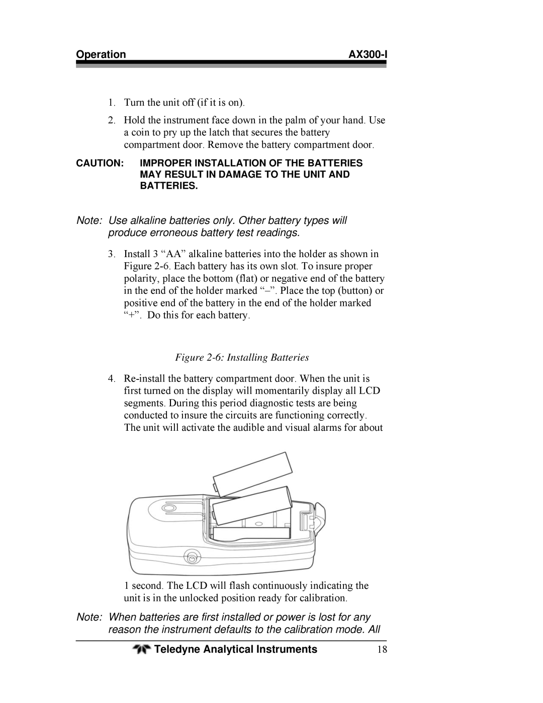 Teledyne AX300-I manual Installing Batteries 