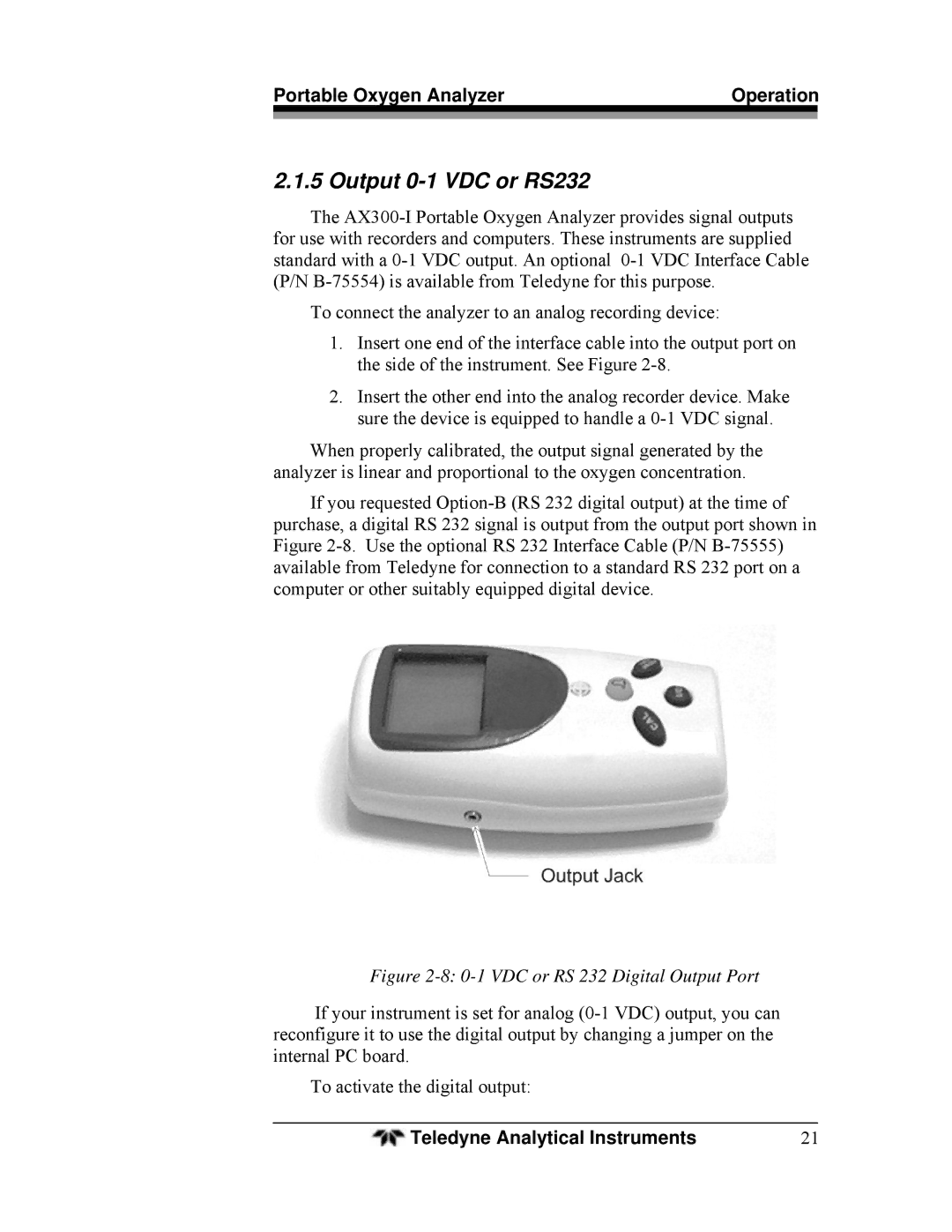 Teledyne AX300-I manual Output 0-1 VDC or RS232, VDC or RS 232 Digital Output Port 