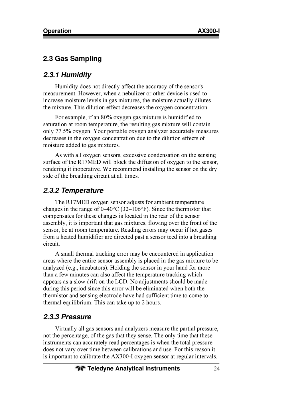 Teledyne AX300-I manual Gas Sampling, Humidity, Temperature, Pressure 