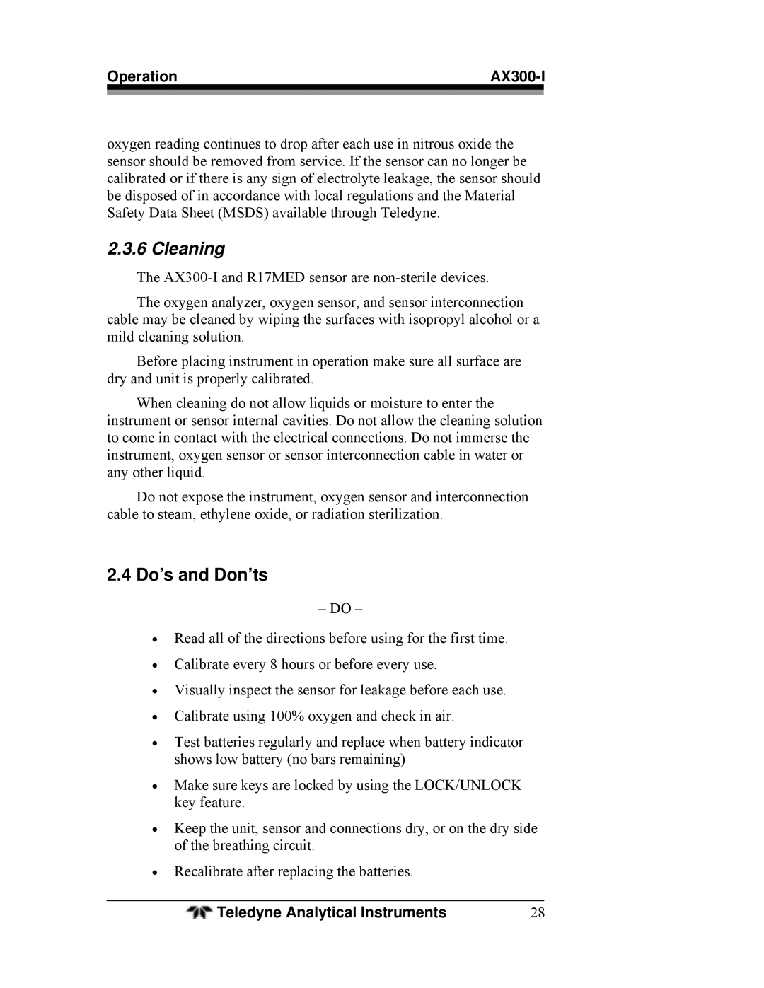 Teledyne AX300-I manual Cleaning, Do’s and Don’ts 