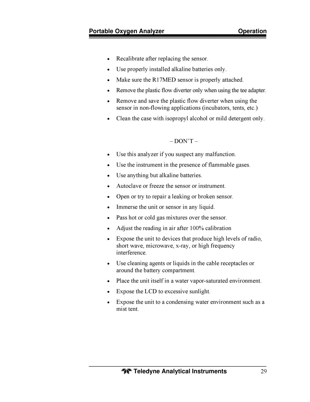 Teledyne AX300-I manual Portable Oxygen Analyzer Operation 
