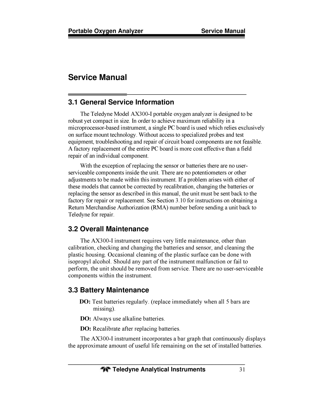 Teledyne AX300-I manual General Service Information, Overall Maintenance, Battery Maintenance 