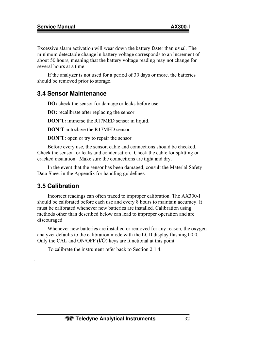 Teledyne AX300-I manual Sensor Maintenance, Calibration 