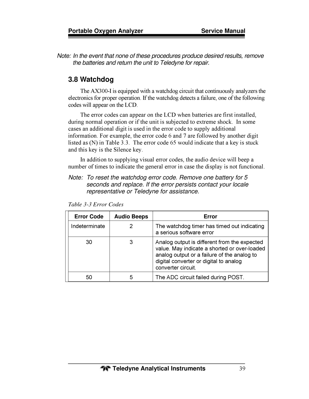 Teledyne AX300-I manual Watchdog, Error Codes 