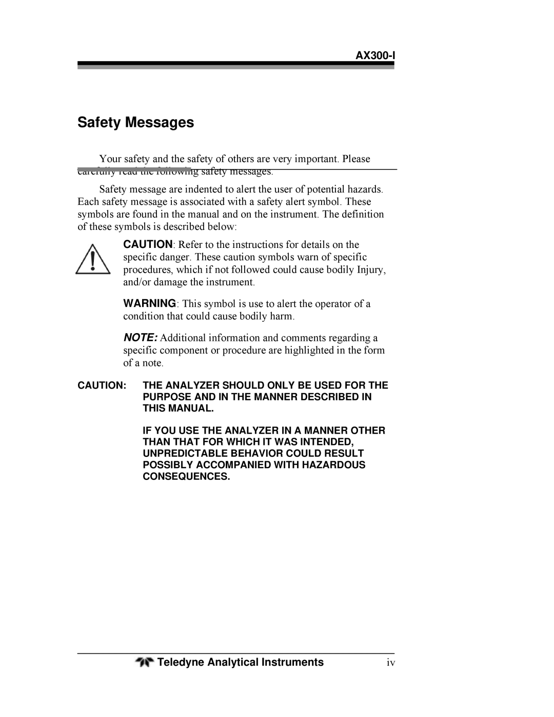 Teledyne AX300-I manual Safety Messages 