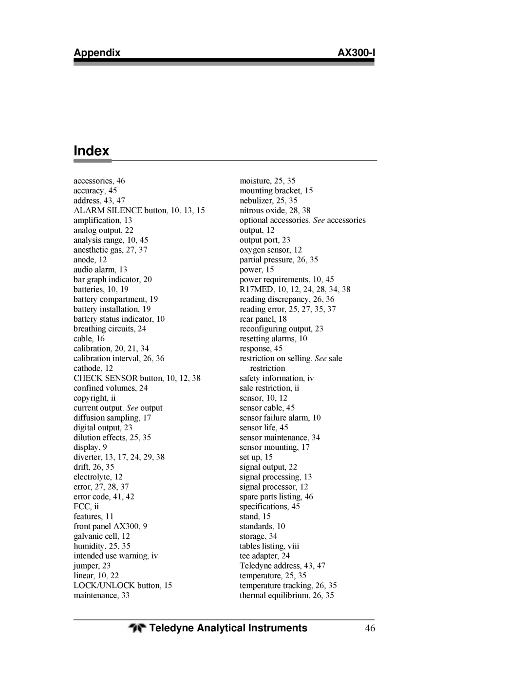 Teledyne AX300-I manual Index 